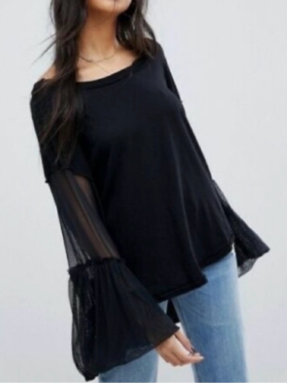 We The Free/Free People Long Mesh Sleeve Top Black Sz small